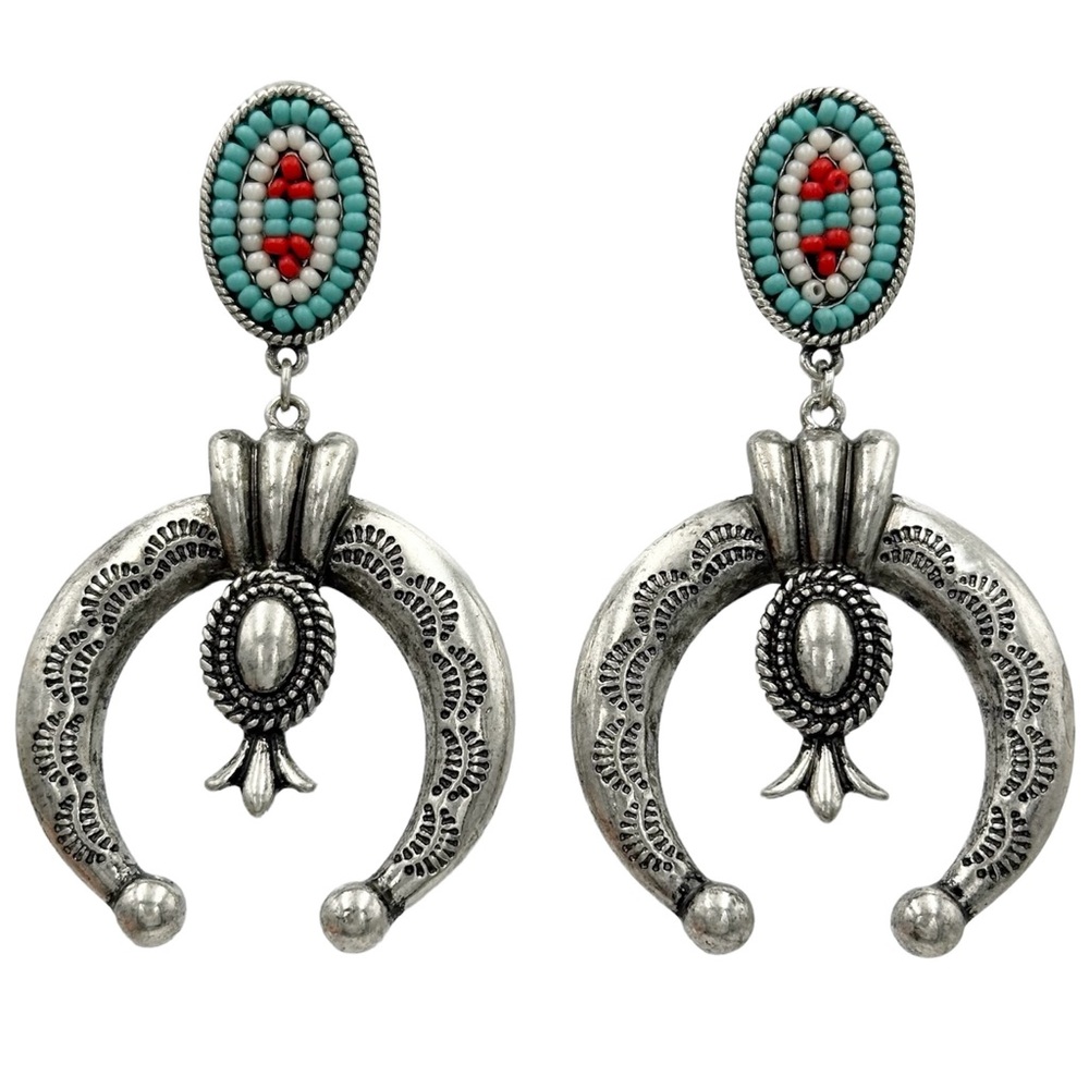 Large Squash Blossom Naja Seed Bead Western Style Silver Tone Post Drop Earrings